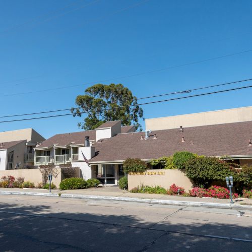 A row of single-story beige houses with brown roofs along a quiet street, transplanting shrubs and a few small trees, under a clear blue sky.
